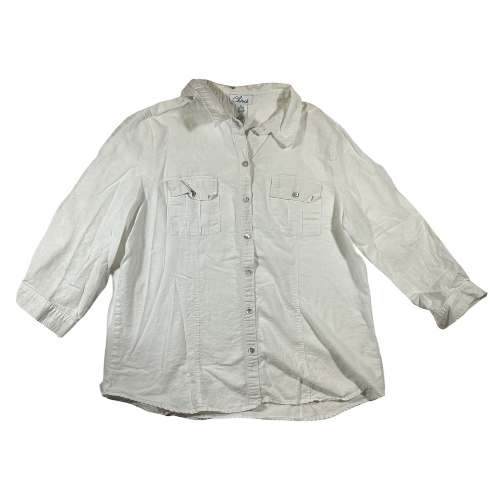 Chaus‎ Womens XL Ultra White Linen Cotton Blend Button Down 3/4 Sleeve Shirt